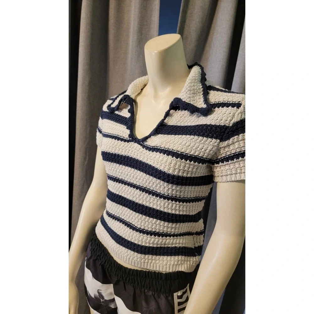 Blue & White Striped Alter'd State Cropped Nautical Open Knit Scalloped Collar S